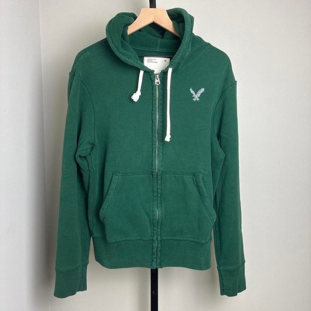 American Eagle Outfitters Men's Faded Green Zip Up Hoodie Size Medium Y2K